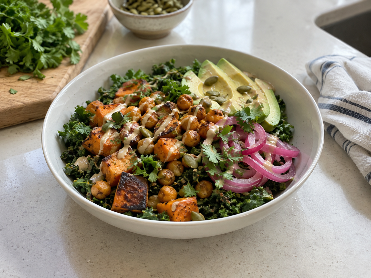 Roasted sweet potato and chickpea power bowl