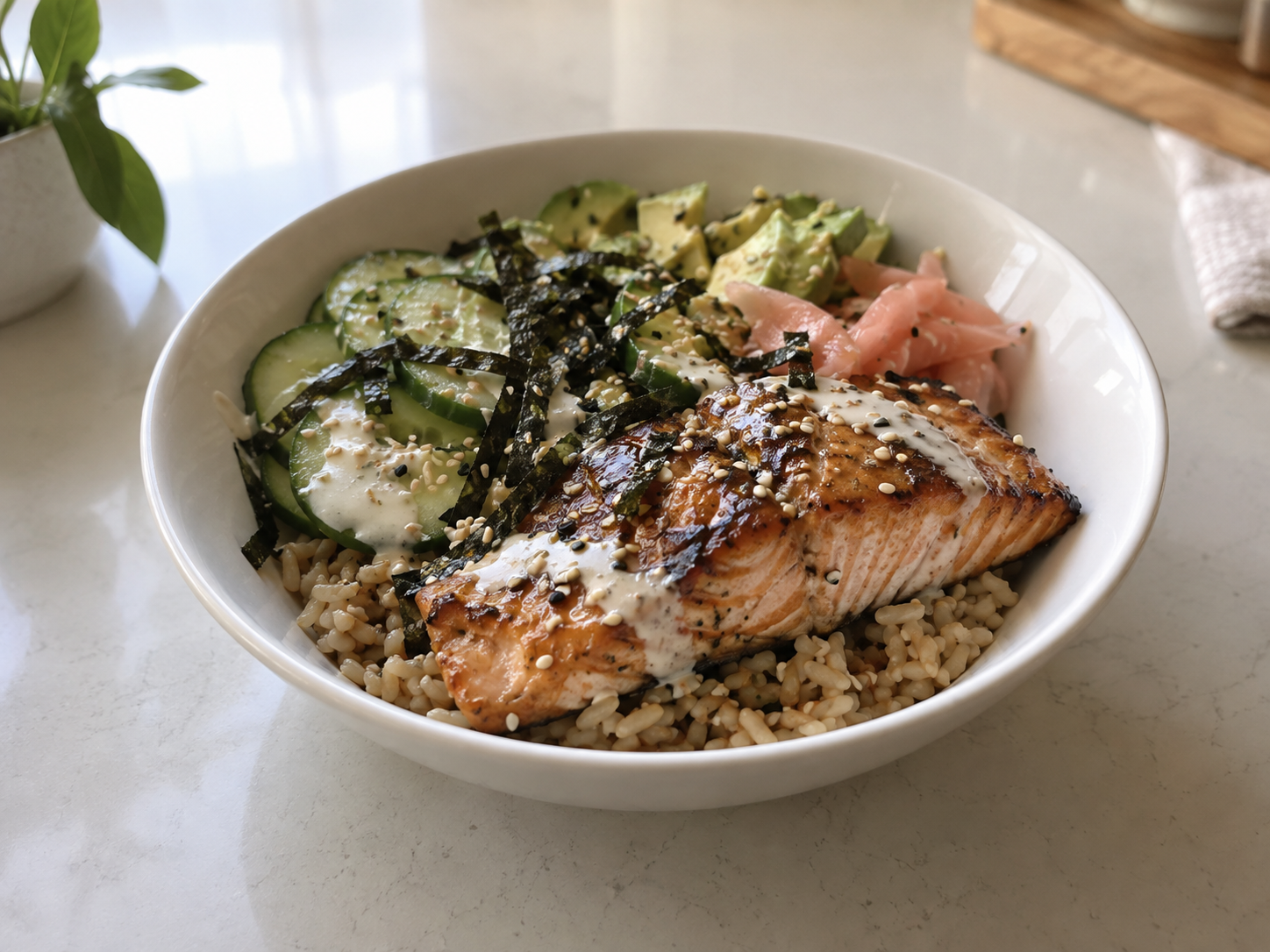 Salmon sushi bowl with ginger-lime drizzle